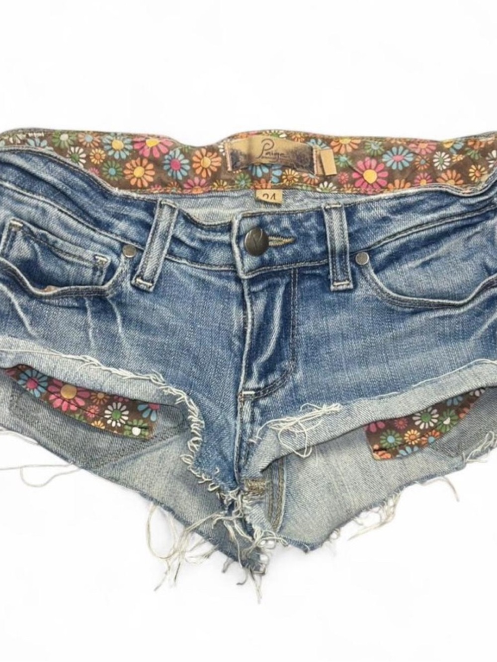 PAIGE Blue Distressed Denim Shorts with Floral Trim